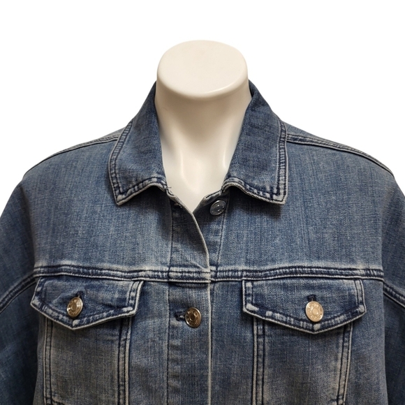 CHICOS Size L/XL Washed Denim Ruana Poncho Stretch Oversize Sleeveless Jean Vest - Picture 5 of 12